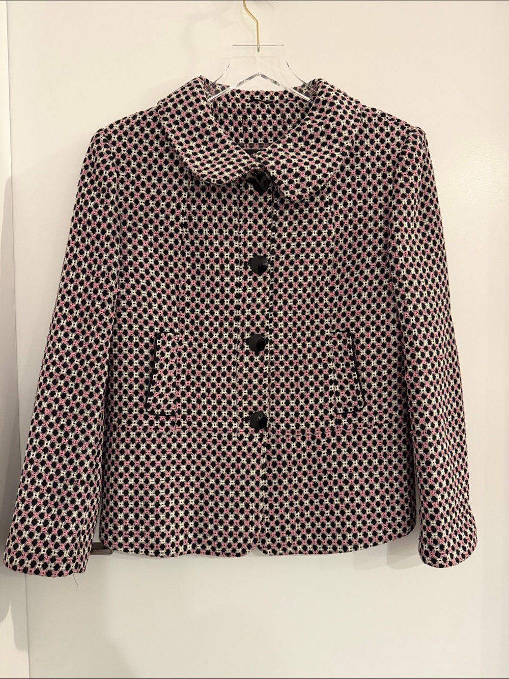 NWOT - Womens Pink and Black Patterned Bouclé Jacket